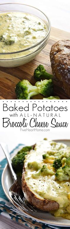 baked potatoes with broccoli cheese sauce on a plate next to a bowl of soup