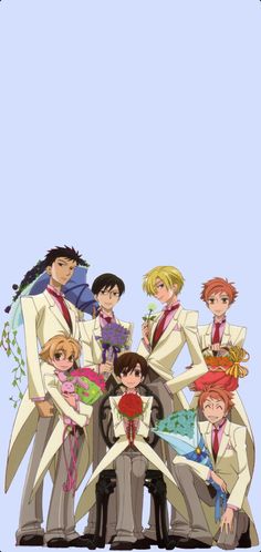 the seven main characters are dressed in white suits and holding hands behind their back legs