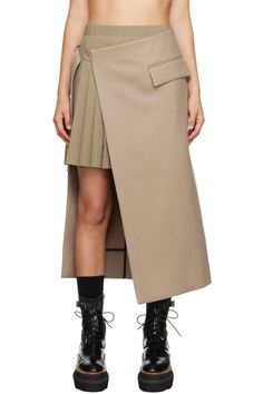 sacai: Beige Mix Midi Skirt | SSENSE Canada Taffeta Skirt, Knife Pleats, Designer Skirts, Conceptual Fashion, Wool Trench Coat, Satin Short, Skirts For Women, Mid Length Skirts, Skirt Design