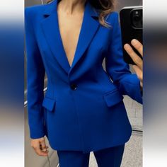 Blazer With Lapel Collar And Long Sleeves Shoulder Pads Fitted Waist With Pronounced Topstiching Pit To Pit 20" Length 28" Zara Blazer Outfit, Zara Blue Blazer, Blazer Outfits For Women, Bell Pants, Mid Waist Pants, Zara Blazer, Slim Fit Suit, Fitted Blazer, Blazer Outfits