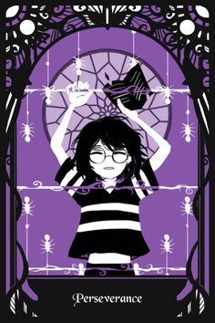 a girl with glasses holding a baseball in front of a purple and black poster that says perseverance