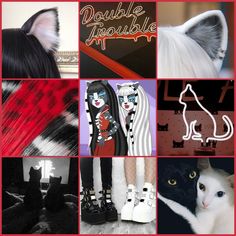 a collage of photos with black and white cats, cat - shaped shoes, and other items