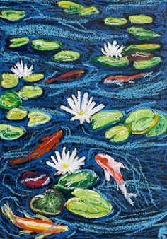 a painting of water lilies and lily pads