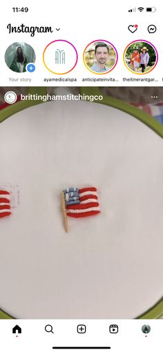 two small american flags sitting on top of a white plate with pins in the middle