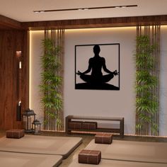 a yoga room with tatami mats on the floor and bamboo trees in the background