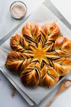 a freshly baked pastry on a cutting board