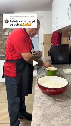 a man in red shirt pouring batter into bowl on kitchen counter with words above it