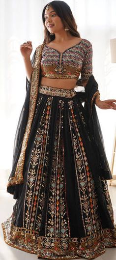 Black and Grey color Lehenga in Faux Georgette fabric with Sequence, Thread work Black Zari Work Dress For Celebrations, Black Dress With Resham Embroidery For Celebration, Party Lehenga With Intricate Embroidery In Multicolor, Intricate Embroidery Lehenga For Party Festivals, Black Sharara With Dupatta For Party, Multicolor Party Lehenga With Intricate Embroidery, Festive Lehenga With Intricate Embroidery For Party, Party Lehenga With Intricate Embroidery For Festivals, Black Sharara For Diwali Party