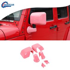 the side view mirror and door trims on a red jeep with black rivets