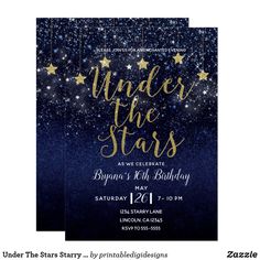 the under the stars birthday party is set up on a dark blue background with gold stars