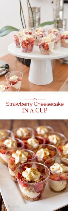 strawberry cheesecake in a cup on a white plate with other desserts around it