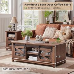 a living room with couches, coffee table and other furniture in the background is an advertisement for farmhouse barn door coffee table