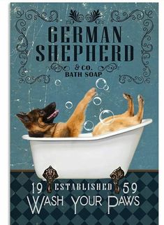 a german shepherd dog taking a bath in a white tub with soap bubbles on it