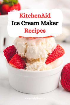 a bowl filled with ice cream and strawberries on top of a white countertop