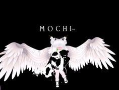 a black and white cat with angel wings on it's back next to the words mochi