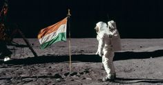 an astronaut walking on the moon next to a flag