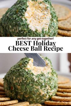 a cheese ball is being cut into pieces with the words perfect for any get - together best holiday cheese ball recipe