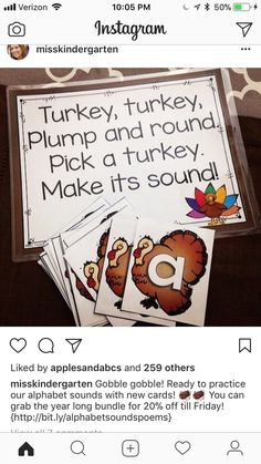 an instagram page for thanksgiving turkey, turkey, and pumpkin themed activities to teach children about the letter g