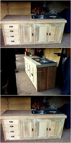 two pictures of the same kitchen counter made out of pallet wood