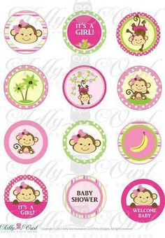 pink and green monkey baby shower cupcake toppers