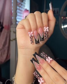 #nails Xl Baddie Nails, Nails Acrylic Pink And Black, Nail Inspo Gems, Pink Birthday Nail Designs, Nail Inspo With Charms, Nail Inspo Black And White, Cute Black Nails Ideas, Black Baddie Nails