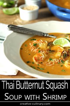 thai butternut squash soup with shrimp in a white bowl