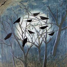 four black birds sitting on branches in front of a full moon