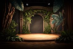 an empty stage with plants on it