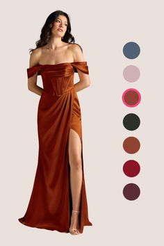 a woman in a brown dress standing next to color swatches and the image shows off her legs