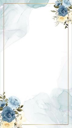 a blue and white watercolor background with flowers in the middle, on top of a gold frame