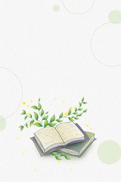 an open book sitting on top of a table next to green leaves and flowers in front of a white background