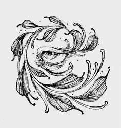 an ink drawing of a flower with swirls