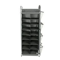 a large metal storage rack with many bins and shelves on it's sides