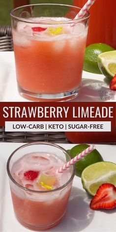 strawberry limeade is served in glasses with strawberries and limes on the side