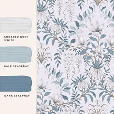 blue and white floral wallpaper with the words sugared grey, pale seaspray, dark seaspray