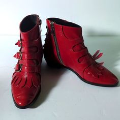 Gently Worn Red Leather Boot Us 7. Red Modern Boots With Round Toe, Red Chunky Boots, Luxury Modern Red Boots, Edgy Red Leather Boots, Red Leather Combat Boots, Red Leather Lace-up Boots With Round Toe, Red Leather Boots, Chunky Boots, Wearing Red