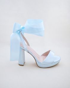 Light Blue Satin Platform Block Heel Wedding Sandals With Wrapped Ankle Tie, Women Shoes, Bridesmaid Shoes, Bridal Shoes, Something Blue - Etsy Wedding Ankle Strap Sandals With Satin Bow, Open Toe Heels With Satin Bow For Bridesmaids, Elegant Ankle Tie Wedding Sandals, Elegant Ankle-tie Wedding Sandals, Wedding Sandals With Satin Bow And Open Heel, Summer Bridesmaid Wedding Shoes With Wrapped Heel, High Heel Sandals With Satin Bow For Wedding, Summer Wedding Shoes With Satin Bow For Bridesmaid, Wedding Heels With Satin Bow Open Heel