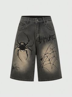 Ladies" Distressed Spider Letter Print Casual Denim Shorts For Spring And Summer, School Black Casual   Denim Animal,Halloween,All Over Print,Random Print Bermuda Non-Stretch  Women Clothing, size features are:Bust: ,Length: ,Sleeve Length: Home Made Clothes, Spider Clothes, Jnco Shorts, Painting Jeans, Long Jean Shorts, Painted Shorts, Women Denim Shorts, Shein Shorts, Casual Denim Shorts