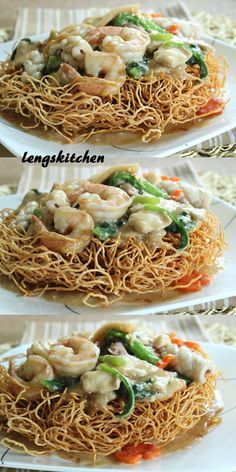 three plates with shrimp and noodles on them