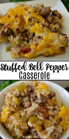 two pictures of stuffed bell peppers casserole on a white plate with green beans