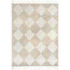 a beige and white rug with fringes on the bottom, in an argyle pattern