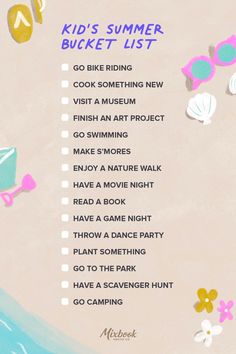 the kids's summer bucket list is shown in pink, blue and yellow colors