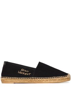 These black Saint Laurent logo canvas espadrilles are made in Italy and feature an almond toe, a slip-on silhouette, embroidered branding and leather heel counters with gold foil detailing. They're set on woven jute midsoles and have rubber outsoles. Rita Heyworth and Lauren Bacall were the first actresses on film to wear espadrilles in the 1940s. You'll be following in their iconic footsteps by wearing this pair from Saint Laurent. Saint Laurent Logo, Lauren Bacall, Women's Espadrilles, Signature Canvas, Leather Cap, On Film, Black Canvas, Lanvin, Womens Flats