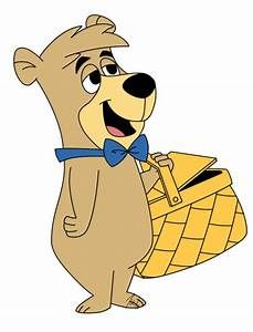 a cartoon bear holding a basket and wearing a bow tie