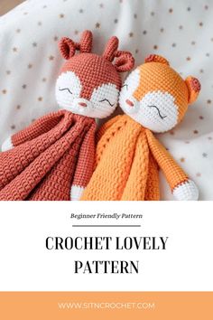 two crocheted stuffed animals laying next to each other on top of a bed