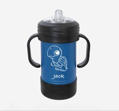 a blue and black water bottle with an image of jack on it's side