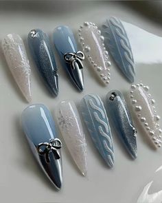 not mine Blue And White Winter Nails, White Winter Nails, Long Almond Nails, Press On Nails Long, Long Almond, December Nails, Nails Winter, Almond Shape Nails, Blue Winter