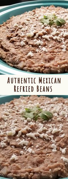 two plates with mexican refried beans on them and the same plate has been cut in half