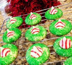 green and red decorated cookies sitting on top of a cooling rack next to some plants