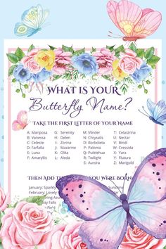 What is your butterfly name printable. Butterfly Theme Party Favors, Butterfly Birthday Party Ideas, Butterfly Party Ideas, Party Theme For Kids, Birthday Party Butterfly, Butterfly Party Invitations, Butterfly Tea Party, Butterfly Birthday Party Decorations, Butterfly Themed Birthday Party